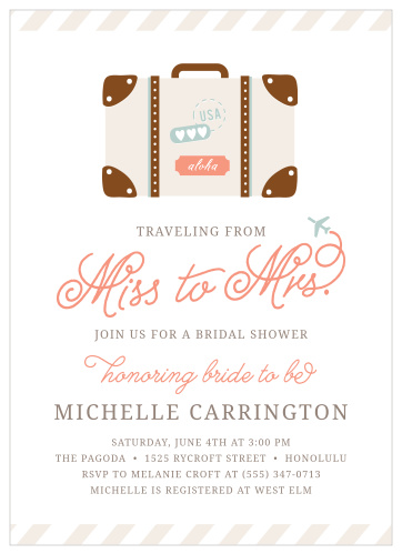 Throw your travel-themed party with the Cutesy Carry On Bridal Shower Invitations.