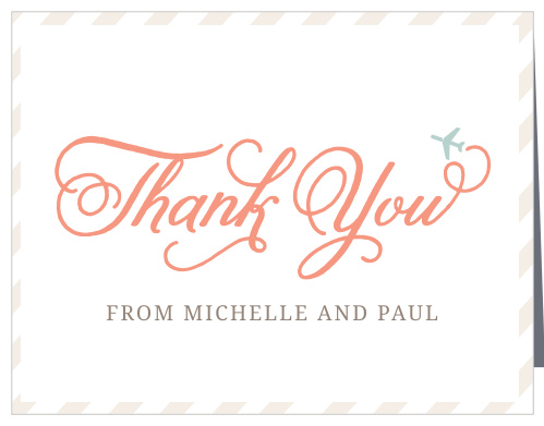 Thank guests for attending your travel-themed party with the Cutesy Carry On Bridal Shower Thank You Cards.