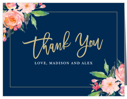 Blossoming watercolor florals, a skinny frame, and your wording makes the Standing Ovation Thank You Cards a beautiful way to show your gratitude.