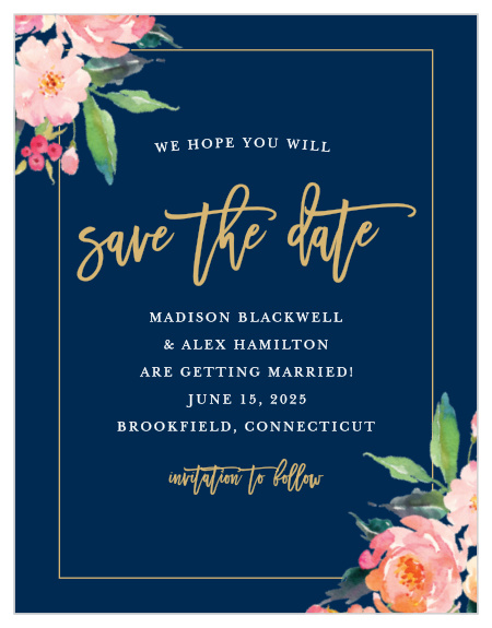 Blossoming watercolor florals adorn the corners of Standing Ovation Foil Save-the-Date Magnets. This design frames your information in a skinny border with our gorgeous gold or silver foil! The Standing Ovation Foil Save-the-Date Magnets are part of the Crafty Pie Collection at Basic Invite.