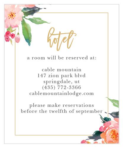 Gorgeous watercolor florals and a thin border frame your customized text on the Standing Ovation Foil Accommodation Cards. Match this elegant design to your unique wedding with our collection of beautiful colors, including our real gold or silver pressed foil. The Standing Ovation Accommodation Cards are part of the Crafty Pie Collection at Basic Invite.