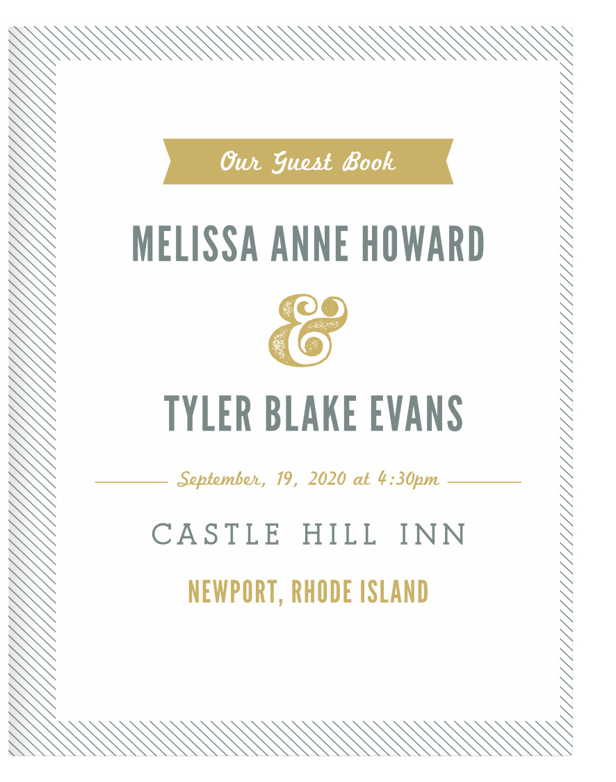 The Snappy Slanted Border Guest Books have a fun, vintage-inspired design. Its eye-catching stripes and ribbon banner are customizable by color.