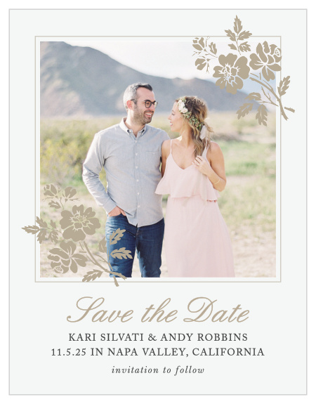 Delicate flower illustrations decorate the corners of your picture on the Rose Stamped Photo Save-the-Date Cards.