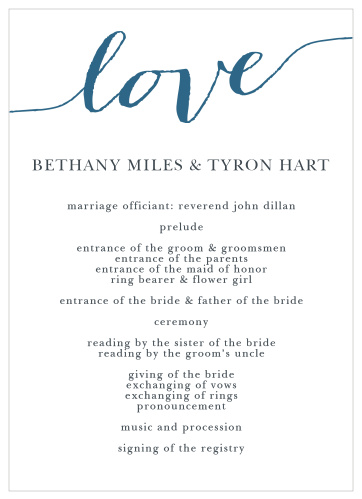 The word "love" in a gorgeous font is written on the top front of the Love Script Wedding Programs.