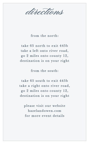 The clean and balanced style of the Incredibly Effortless Direction Cards is ideal for giving guests driving instructions.