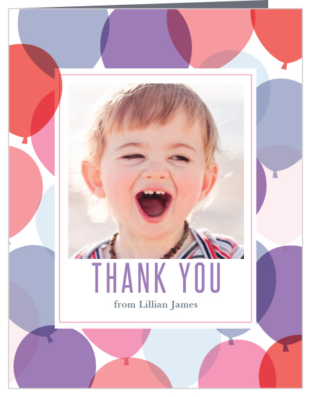 Add your daughter’s photo to the Buoyant Balloons Girl First Birthday Party Thank You Cards.