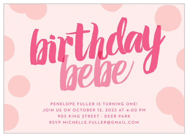 Layers of polka dots and a chunky brush font give the Big Script Girl First Birthday Invitations cute, modern appeal.