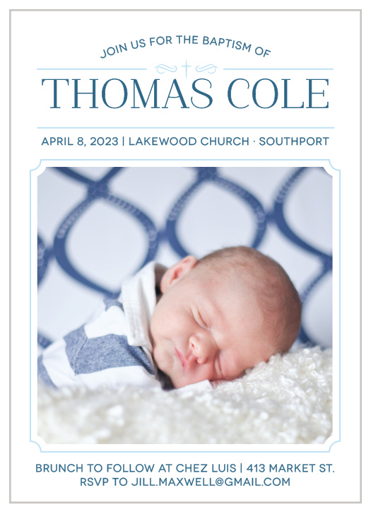 Invite friends and family to celebrate your son’s baptism with the Classic Cross Boy Baptism Invitations.