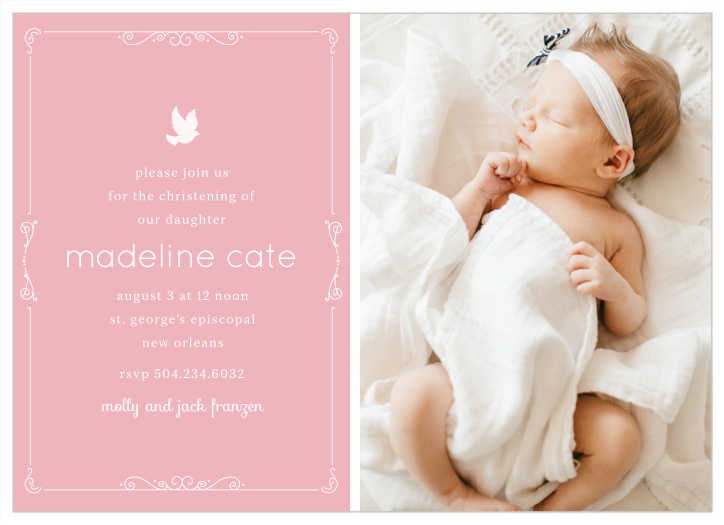 You’re daughter’s picture, a beautiful scrolling border and a dove illustration makes the Dovey Scrolls Girl Baptism Invitations an endearing baptism invite.