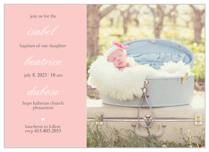 Your daughter’s name is layered between text on the Stacked Text Girl Baptism Invitations.