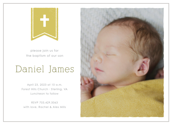 A cross on a flag complements your son’s photo on the Banner and Cross Boy Baptism Invitations.