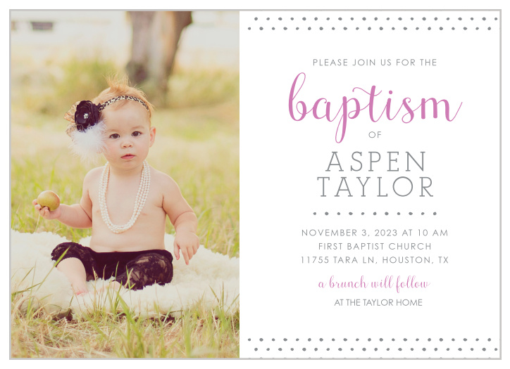 Make your daughter the star of the Polka Dot Border Girl Baptism Invitations.