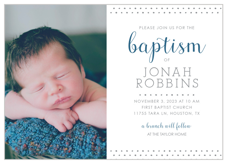 Make your son the star of the Polka Dot Border Boy Baptism Invitations.