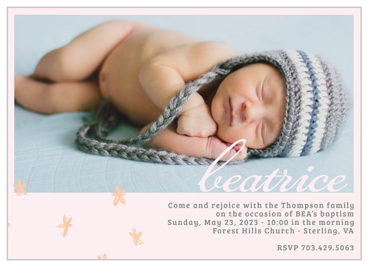 Fun hand-drawn flowers decorate the left-hand corner of the Doodle Petal Girl Baptism Invitations.