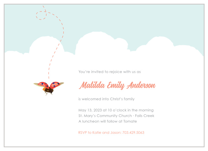 A lively ladybug flutters among cushiony clouds on the Baby Bug Girl Baptism Invitations.