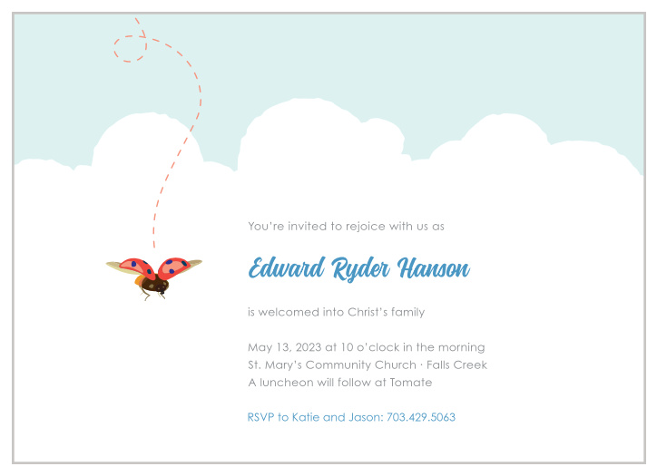 A lively ladybug flutters among cushiony clouds on the Baby Bug Boy Baptism Invitations.