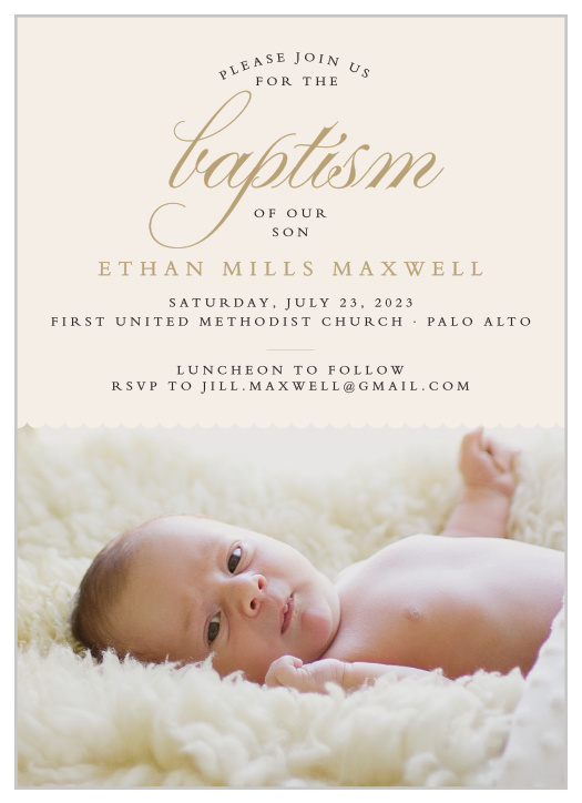 Elegant typefaces and a scallop border make the Scallops and Script Boy Baptism Invitations an elegant way to gather friends and family for your child’s baptism.