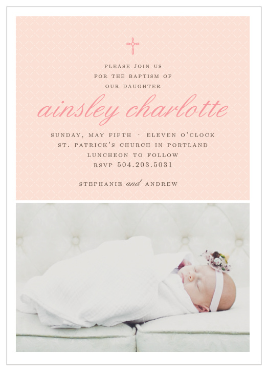 Design an invitation using your daughter’s photo with the Tiny Cross Girl Baptism Invitations.