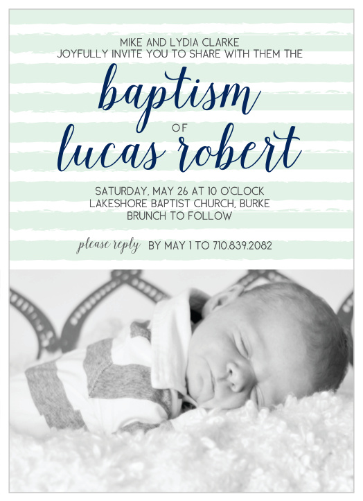 Customize the Brushed Stripes Boy Baptism Invitations with a picture of your tiny man at the bottom.