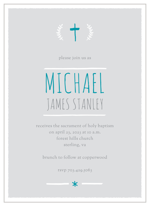 A hand-drawn cross and laurels top the Laurels and Cross Boy Baptism Invitations.