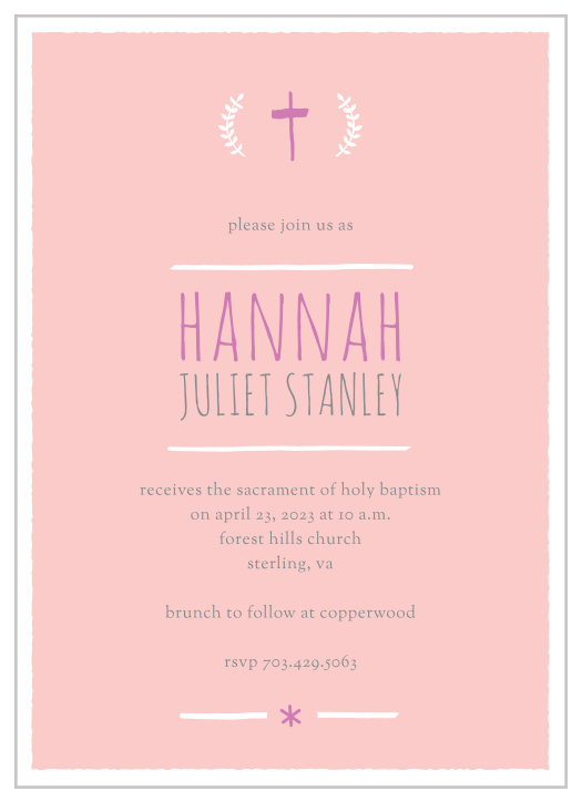 A hand-drawn cross and laurels top the Laurels and Cross Girl Baptism Invitations.