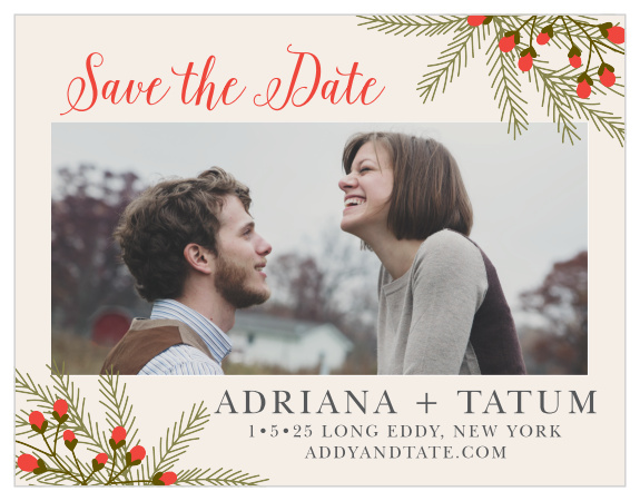Prepare guests for your rustic winter wedding with the Pine Berries Save-the-Date Magnets.