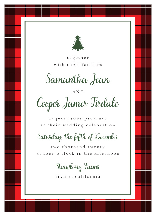 Get guests in the mood for your winter-themed wedding with the Cozy Plaid Wedding Invitations.