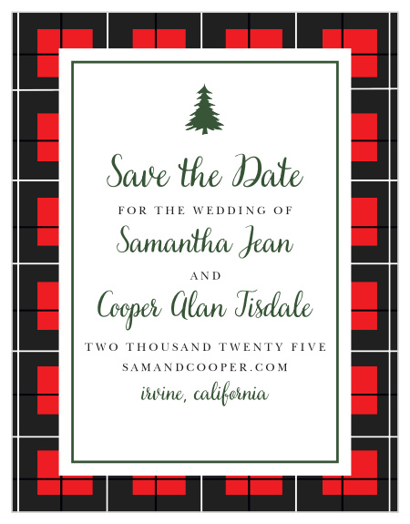 Set the tone for your rustic winter wedding with the Cozy Plaid Save-the-Date Magnets.