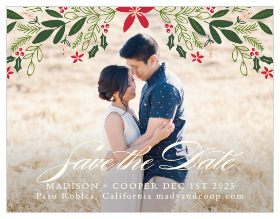 An illustration of festive foliage crowns your photo on the Holiday Bough Save-the-Date Cards.