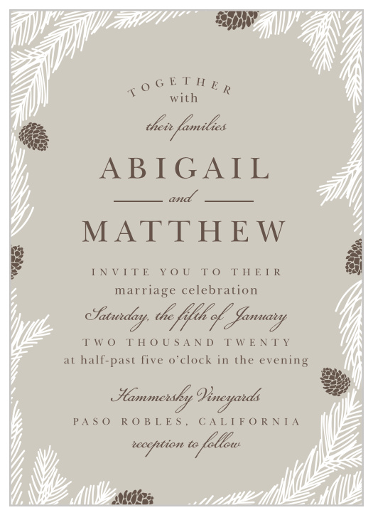 Rustic boughs and pinecones surround your text on the Pretty Pinecones Wedding Invitations.