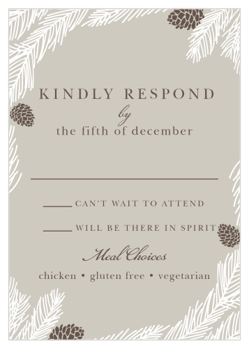 Pine boughs and pinecones make a rustic border for the Pretty Pinecones Response Cards.