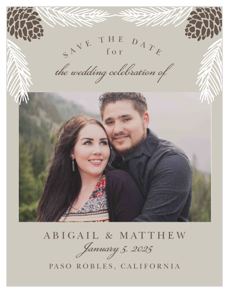 Announce your winter wedding with the Pretty Pinecones Save-the-Date Magnets.