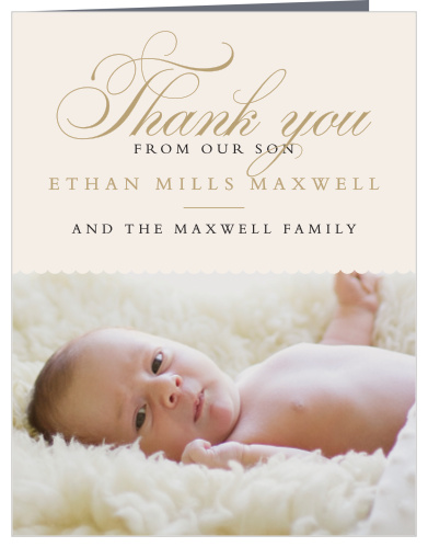 Share your appreciates for the friends and family who celebrated with you using the elegant typefaces and the scallop border of the Scallops and Script Boy Baptism Thank You Cards.