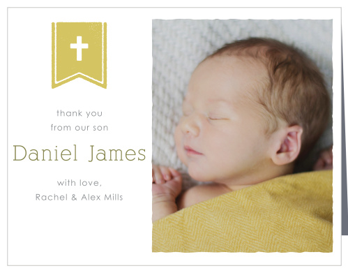 The Banner and Cross Boy Thank You Cards perfectly complement the Banner and Cross Boy Baptism Invitations.
