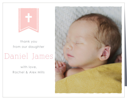 The Banner and Cross Girl Thank You Cards perfectly complement the Banner and Cross Girl Baptism Invitations.