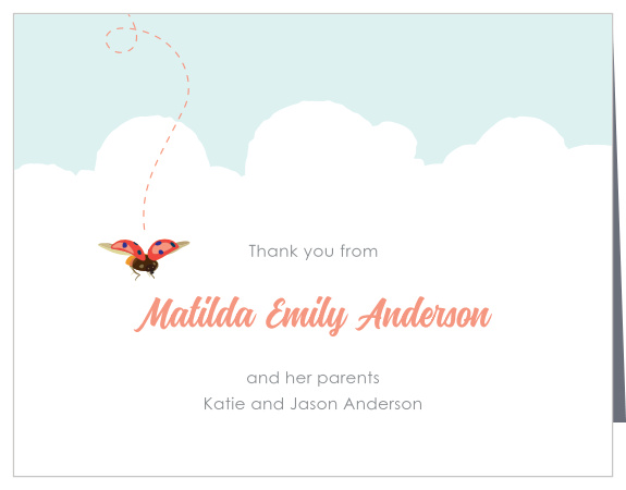 Write your daughter’s name in the sky of the Baby Bug Girl Baptism Thank You Cards.