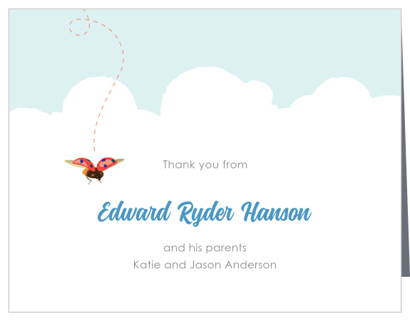 Write your son’s name in the sky of the Baby Bug Boy Baptism Thank You Cards.
