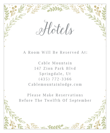 Make sure guests know where to stay with the Romantic Evergreen Accommodation Cards. 