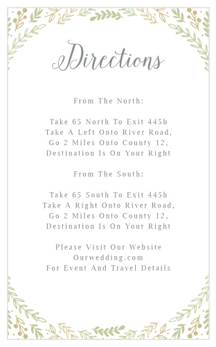 Graceful greenery adorns the top and bottom of the Romantic Evergreen Direction Cards.