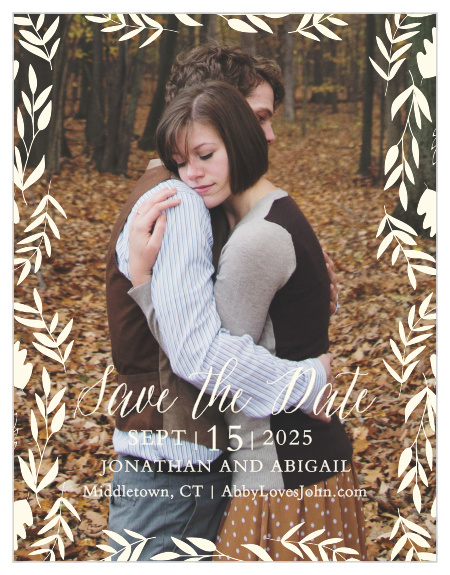 Autumn foliage surrounds your picture on the Fall Harvest Save-the-Date Magnets.