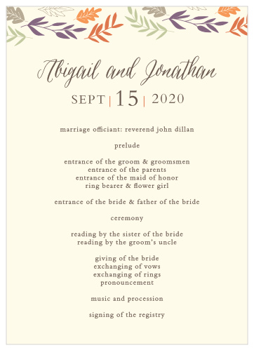 Keep your autumn-themed wedding on track with the Fall Harvest Wedding Programs.
