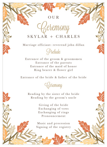 Organize your ceremony with the seasonal elegance of the Falling Leaves Wedding Programs.