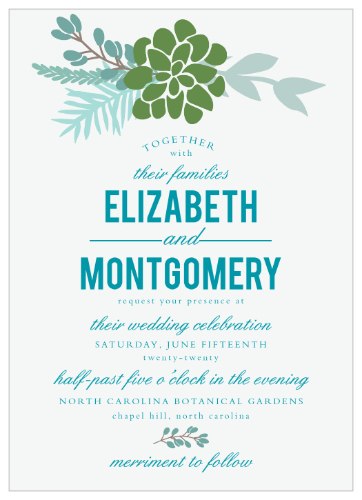 Pretty greenery adorns the top of the Sunny Succulents Wedding Invitations.