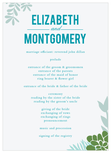 Organize and set the tone for your wedding ceremony with the graceful greenery of the Sunny Succulents Wedding Programs.