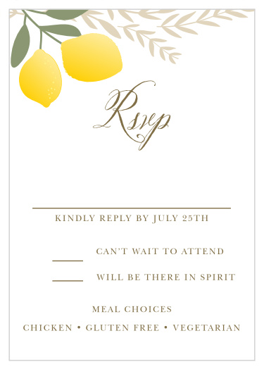 The illustrated lemons and graceful leaves give the Summer Citrus Response Cards a fun, laid-back feeling.