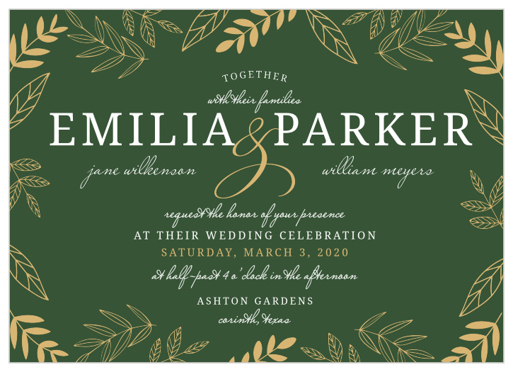 Delicate leaves frame the text of the Secret Garden Foil Wedding Invitations.