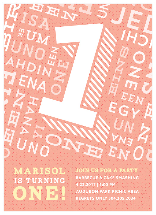 A multitude of languages decorates the Little Linguist Girl First Birthday Invitations.