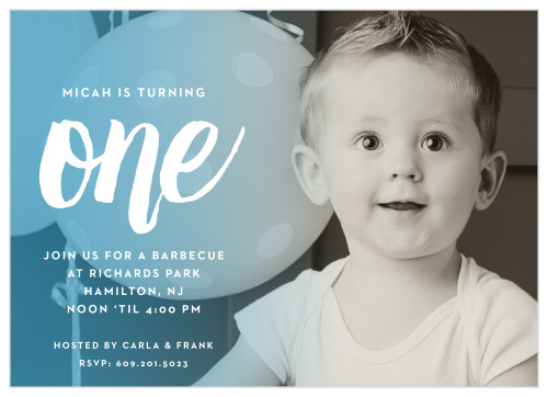 A sophisticated ombre effect over your son’s picture adds a splash of color to the Fading Color Boy First Birthday Invitations.