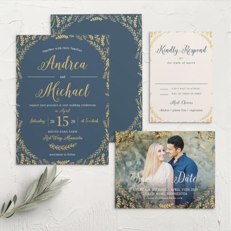 Romantic Evergreen Foil Wedding Invitations