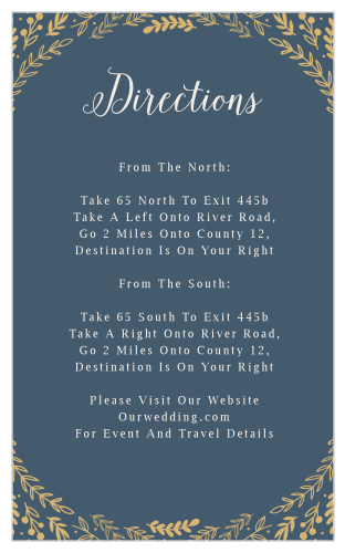 Graceful greenery adorns the top and bottom of the Romantic Evergreen Foil Direction Cards.